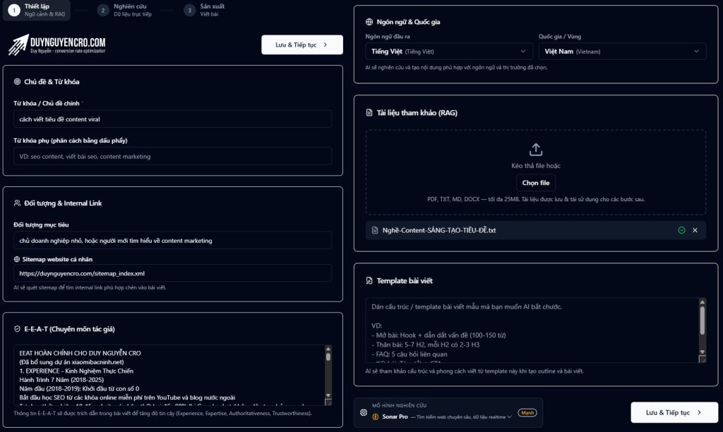 Giai đoạn 1 — Thiết lập dự án: từ khóa, E-E-A-T, sitemap, tài liệu