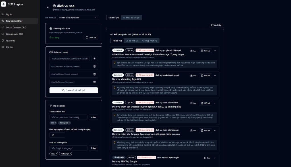 Nhập sitemap đối thủ cạnh tranh để AI tiến hành phân tích